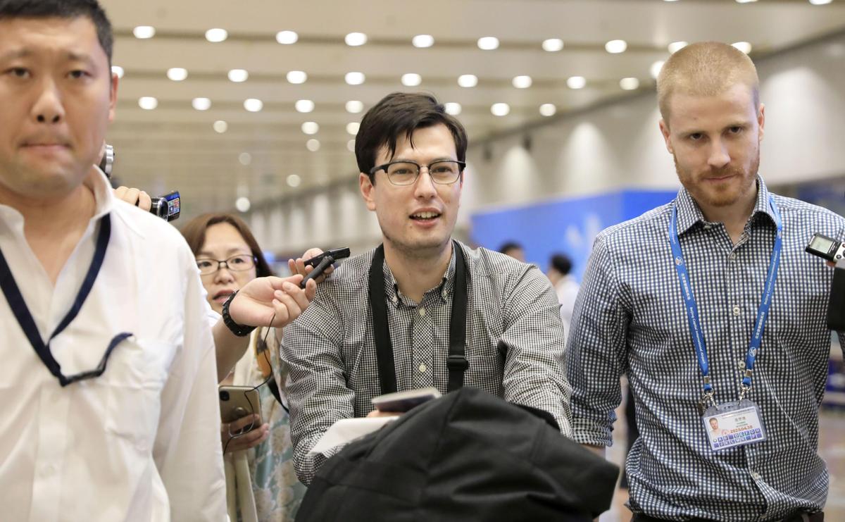 An Australian student Alek Sigley, 29, who was detained in North Korea, arrives at Beijing international airport in Beijing, China, July 4, 2019. (Kyodo/via REUTERS)