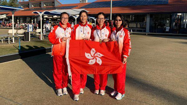 (L-R) Gloria Ha, Cheryl Chan, Angel So and Phyllis Wong flying the flag for Hong Kong after winning a bronze in the women’s fours at the Asia Pacific Championships in Gold Coast, Australia, last Friday, June 21. (Hong Kong Lawn Bowls Association)