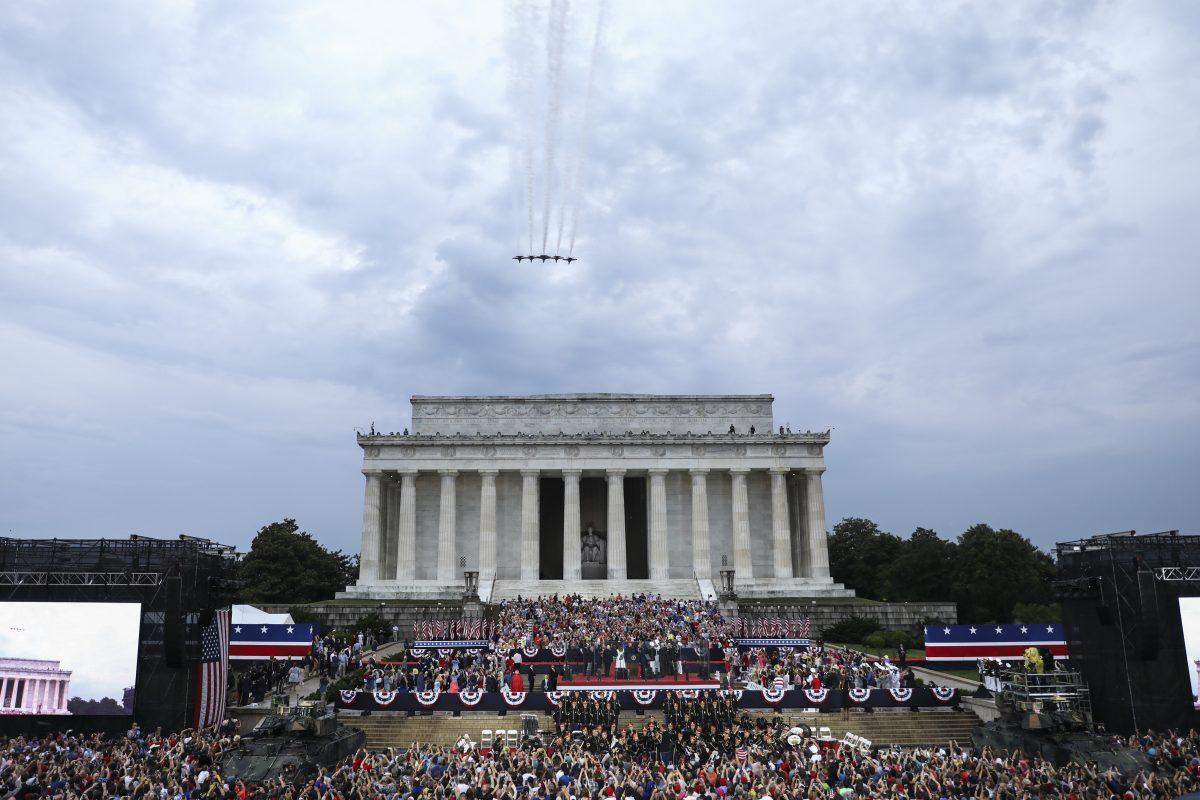 Military jets fly over the Lincoln Memorial during President Donald Trump's “Salute to America” event in Washington, on July 4, 2019. (Charlotte Cuthbertson/The Epoch Times)