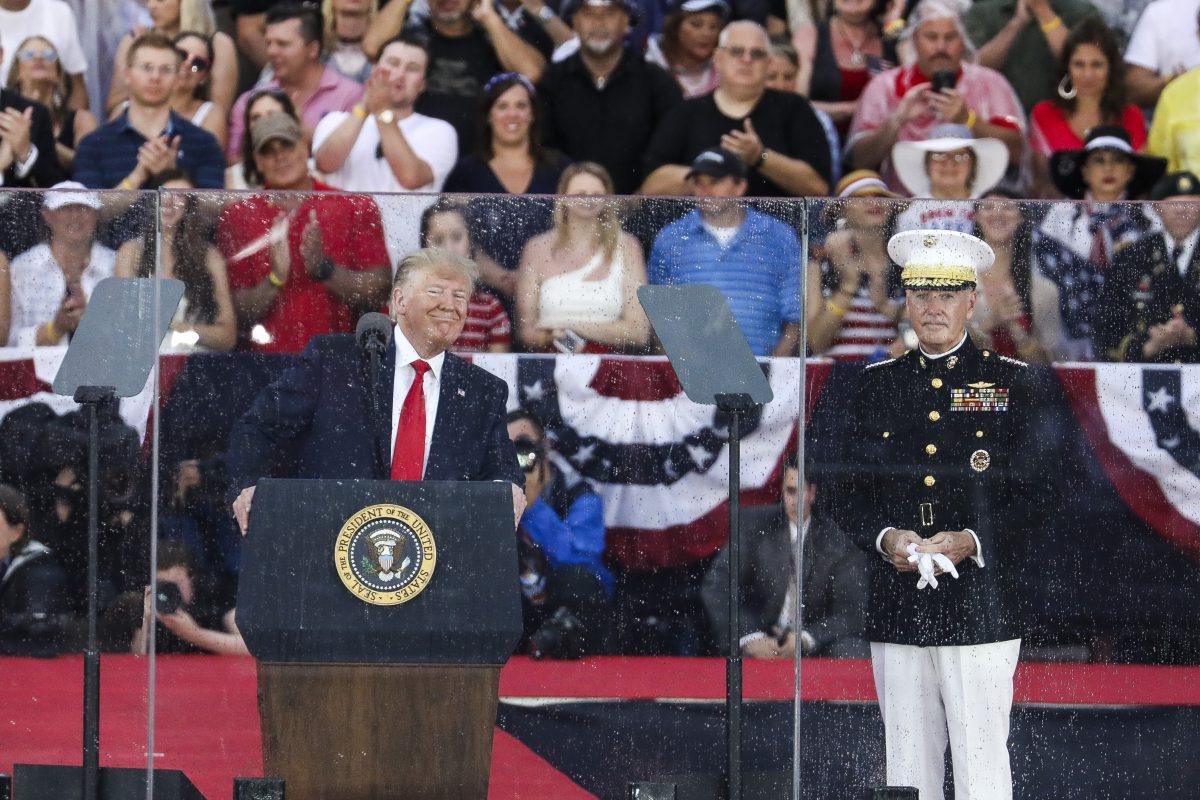 President Donald Trump speaks at the “Salute to America” event in front of the Lincoln Memorial in Washington, on July 4, 2019. (Charlotte Cuthbertson/The Epoch Times)