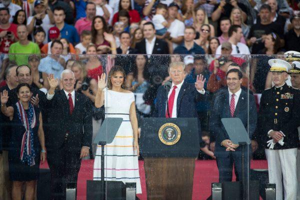 President Donald Trump and First Lady Melania Trump at the "Salute to America" ceremony in front of the Lincoln Memorial, in Washington on July 4, 2019. (Sarah Silbiger/Getty Images)