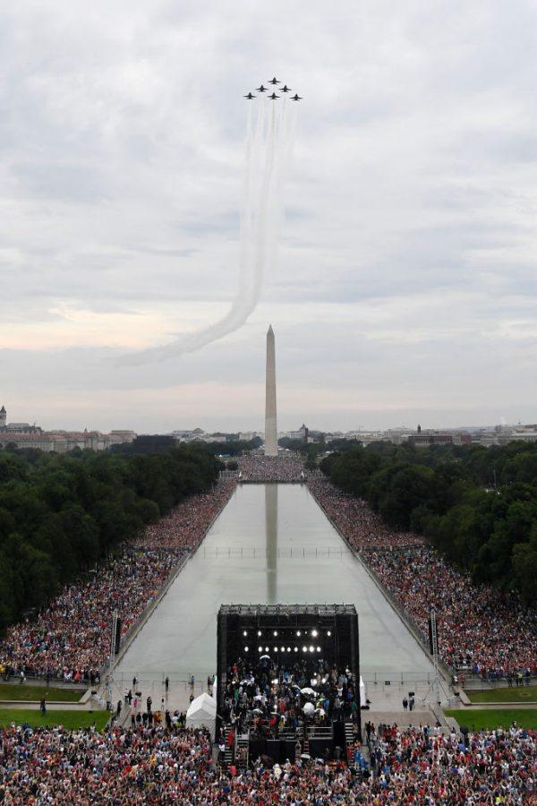 The US Navy Blue Angels flyover as President Donald Trump speaks during the "Salute to America" Fourth of July event at the Lincoln Memorial in Washington, DC, July 4, 2019. (SUSAN WALSH/AFP/Getty Images)
