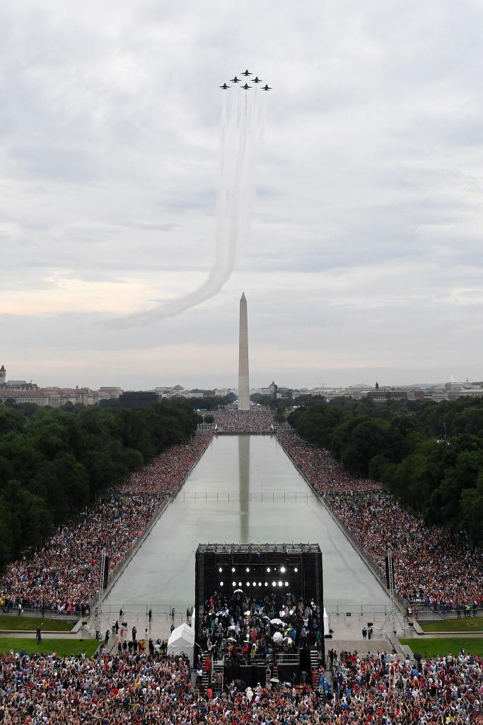 The U.S. Navy Blue Angels flyover as President Donald Trump speaks during the "Salute to America" Fourth of July event at the Lincoln Memorial in Washington, July 4, 2019. (Susan Walsh/AFP/Getty Images)