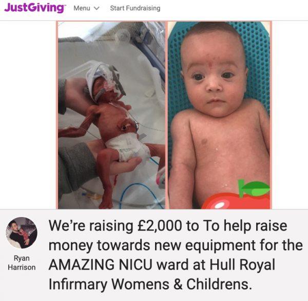 A screenshot shows the JustGiving fundraiser page by Ryan Harrison, hoping to raise funds for Hull Royal Infirmary's NICU ward after they saved his premature son (pictured). (Screenshot/JustGiving)