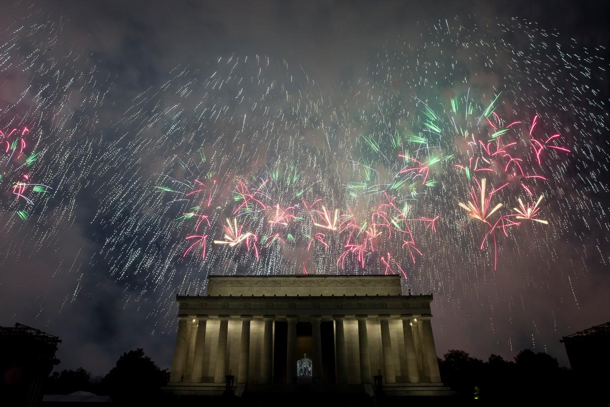 Fireworks light the sky near the Lincoln Memorial in Washington on July 4, 2019. (AP Photo/Alex Brandon)