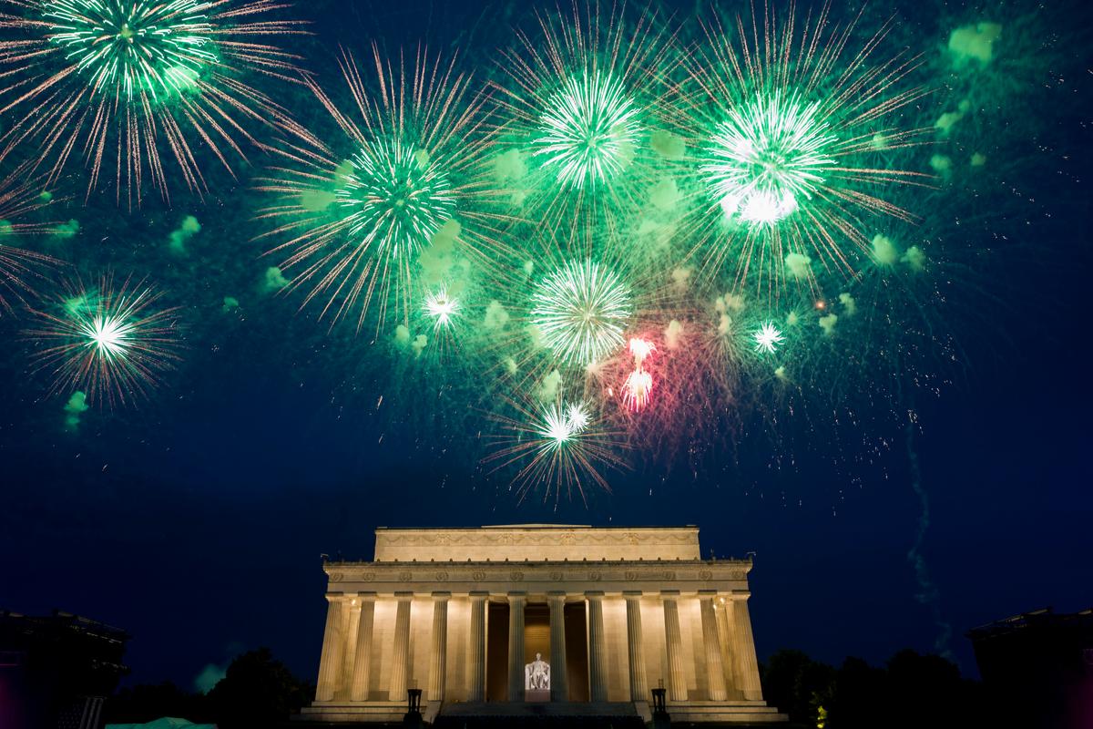 Fireworks light the sky near the Lincoln Memorial, in Washington on July 4, 2019. (AP Photo/Alex Brandon)
