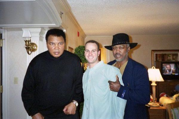 (L-R) Muhammad Ali, Darren Prince, and Joe Frazier after dinner in Ali's hotel suite. (Courtesy of Darren Prince)