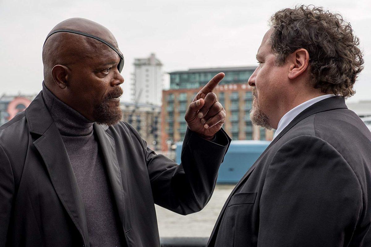 Samuel L. Jackson (L) and Jon Favreau in “Spider-Man: Far From Home.” (Sony Pictures)