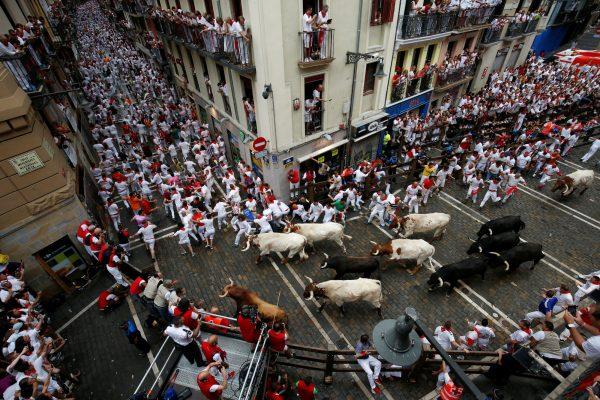 Revelers sprint in front of bulls and steers during the first "running of the bulls" at the San Fermin festival in Pamplona, Spain, July 7, 2019. (Susana Vera/Reuters)
