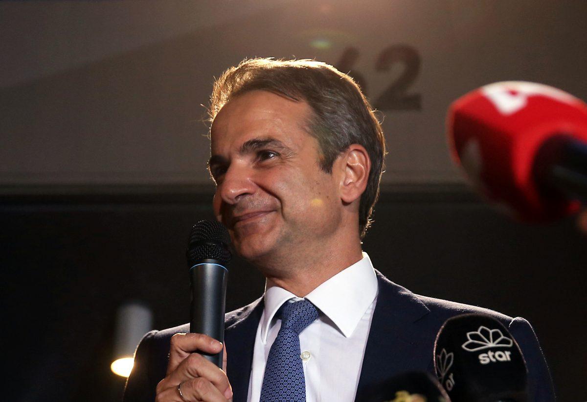 Prime Minister Kyriakos Mitsotakis speaks outside party's headquarters, after the general election in Athens, Greece, on July 7, 2019. (Costas Baltas/Reuters)