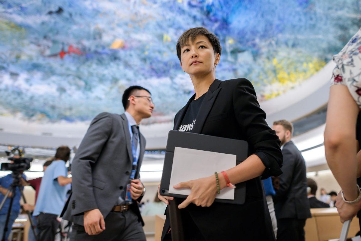 Pro-democracy Hong Kong singer Denise Ho addresses the United Nations Human Rights Council in Geneva on July 8, 2019. (Fabrice Cofferini/AFP/Getty Images)
