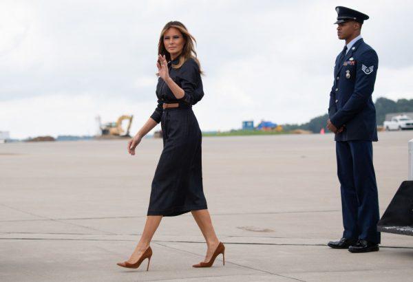 US First Lady Melania Trump disembarks from her military airplane upon arrival at Huntington Tri-State Airport in Huntington, West Virginia, on July 8, 2019.(SAUL LOEB/AFP/Getty Images)