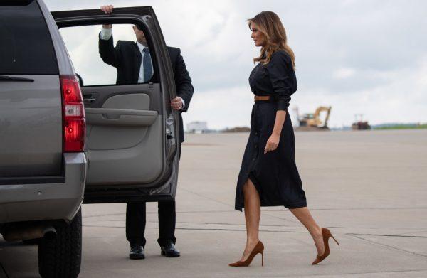 US First Lady Melania Trump disembarks from her military airplane upon arrival at Huntington Tri-State Airport in Huntington, West Virginia, on July 8, 2019. (SAUL LOEB/AFP/Getty Images)