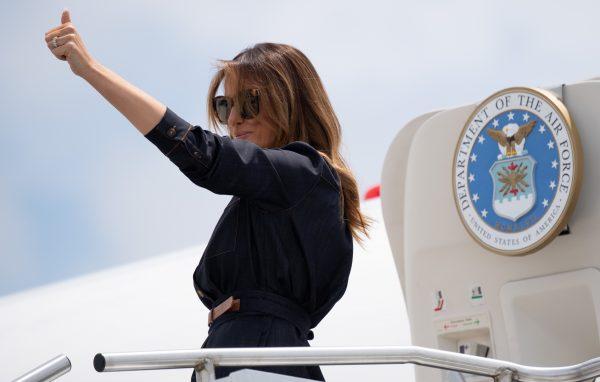 US First Lady Melania Trump boards a military airplane prior to departing from Huntington-Tri State Airport in Huntington, West Virginia, on July 8, 2019. (SAUL LOEB/AFP/Getty Images)