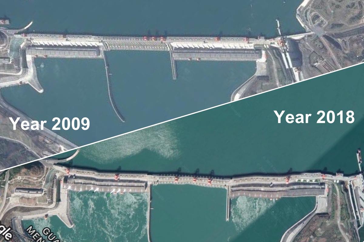 The satellite images’ comparison of Three Gorges Dam in 2009 and 2018. (Google Earth/Leng Shan)