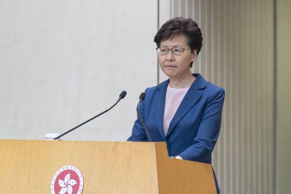 Hong Kong Chief Executive Carrie Lam holds a press conference at the government headquarters in Hong Kong on July 9, 2019. (Li Yi/Epoch Times)