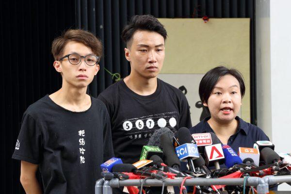 (From left) Figo Chan, Jimmy Sham and Bonnie Leung from Civil Human Rights Front (CHRF) respond to Carrie Lam’s press conference on July 9, 2019. (Li Yi/Epoch Times)