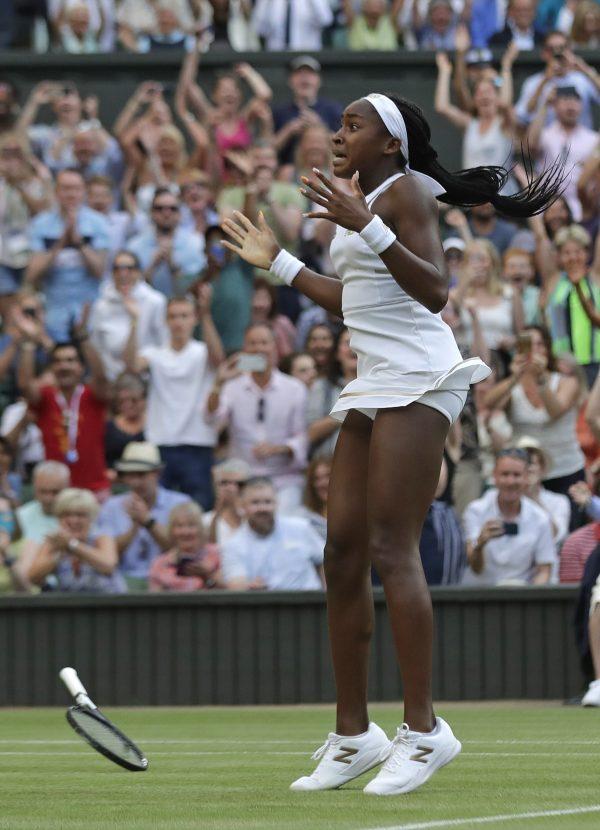United States' Cori "Coco" Gauff celebrates after beating Slovenia's Polona Hercog in a Women's singles match during day five of the Wimbledon Tennis Championships in London on July 5, 2019. (Ben Curtis/Photo/AP)