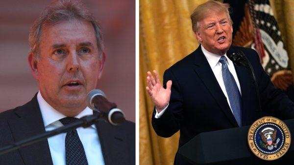 (L) Ambassador Kim Darroch speaks to guests in Washington, DC., on April 28, 2017. (Riccardo Savi/Getty Images for Capitol File Magazine) — (R) President Donald Trump speaks during an East Room event on the environment at the White House in Washington, DC., on July 7, 2019. (Alex Wong/Getty Images)