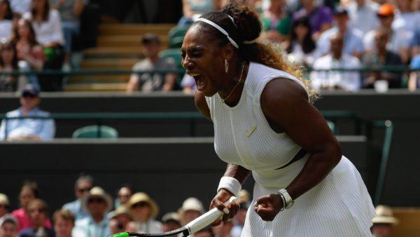 United States' Serena Williams celebrates winning a point against Spain's Carla Suarez Navarro in a women's singles match during day seven of the Wimbledon Tennis Championships in London on July 8, 2019. (Kirsty Wigglesworth)