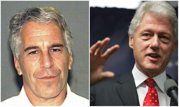 L: Billionaire Jeffrey Epstein in an undated image. (Public Domain) R: Former U.S. President Bill Clinton speaks at a news conference in New York City on April 11, 2005. (Spencer Platt/Getty Images)
