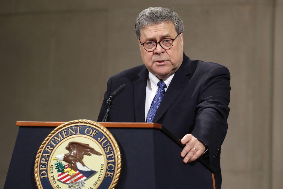 U.S. Attorney General William Barr delivers remarks during a farewell ceremony for Deputy Attorney General Rod Rosenstein at the Robert F. Kennedy Main Justice Building in Washington on May 09, 2019. (Chip Somodevilla/Getty Images)
