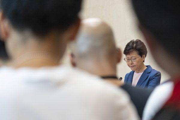 Hong Kong leader Carrie Lam holds a press conference to address a controversial extradition bill at the government headquarters in Hong Kong on July 9, 2019. (Li Yi/The Epoch Times)