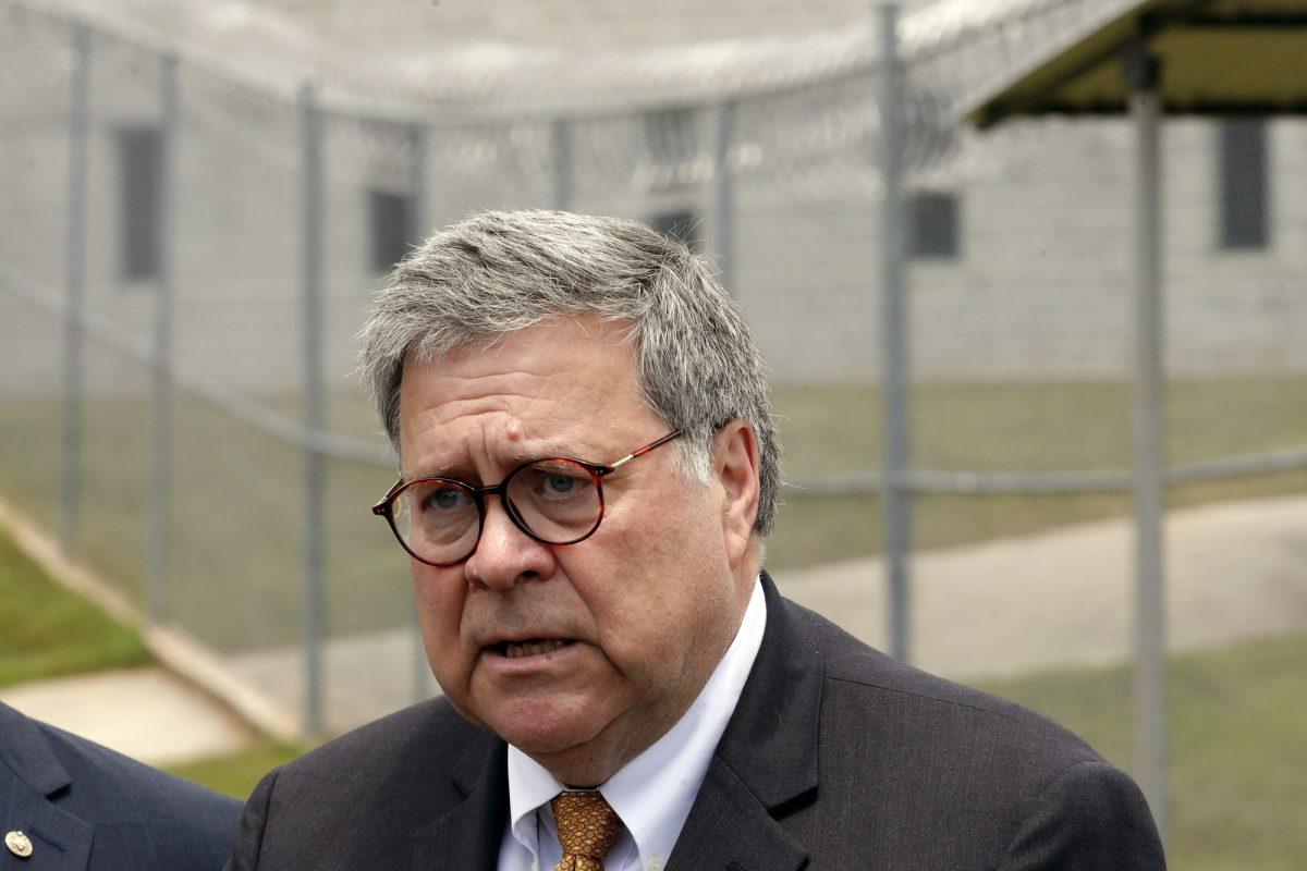 Attorney General William Barr speaks to reporters after a tour of a federal prison in Edgefield, S.C. on July 8, 2019. (John Bazemore/AP Photo)