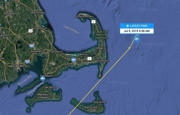 A 10-foot 2-inch great white shark "pinged" just 15 miles off the coast of Cape Cod on July 9, 2019. (Image courtesy of OCEARCH)