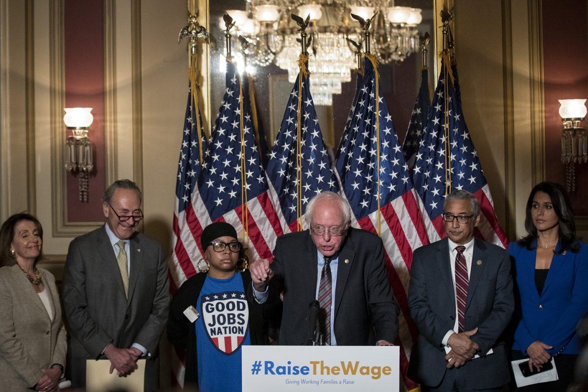 Sen. Bernie Sanders (I-Vt.) speaks during a press conference to discuss legislation for a 15 dollar minimum wage, on Capitol Hill in Washington on May 25, 2017. (Drew Angerer/Getty Images)