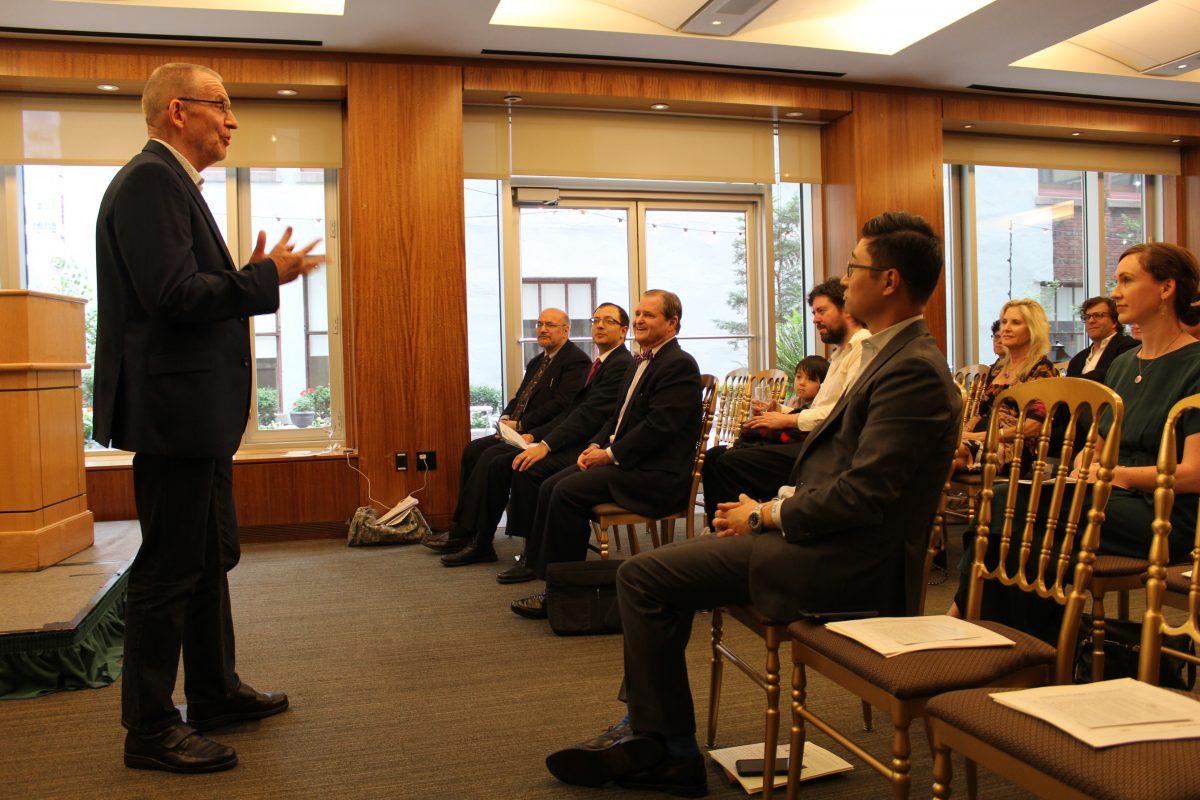 James Sale speaking at the symposium for the Society of Classical Poets, in New York on June 17, 2019. (Ivan Pentchoukov)