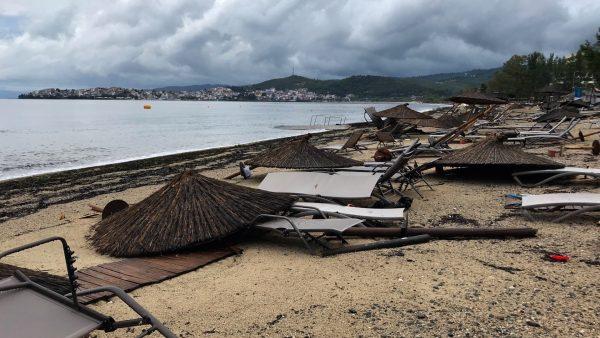 Damages at the beach at a hotel in Porto Carras, Halkidki, Greece on July 11, 2019 after severe weather hit Greece. (Iona Serrapica/Reuters)