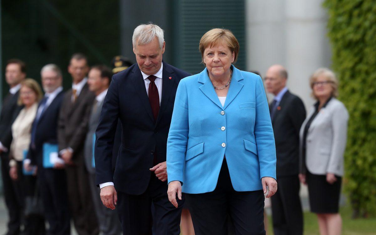 German Chancellor Angela Merkel (CDU) attends a military welcome ceremony with Finnish Prime Minister Antti Rinne in Berlin, Germany, on July 10, 2019. (Adam Berry/Getty Images)