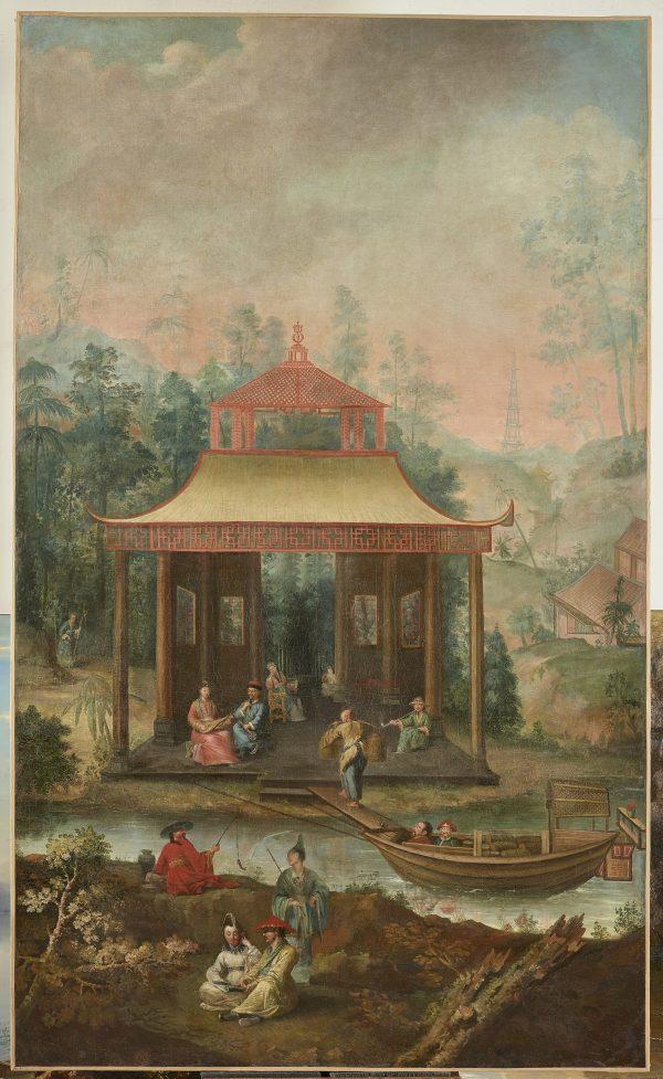 “The Chinese Chamber” paintings, 1761, by Marie Leszczynska, Henri-Philippe-Bon Coqueret, Jean-Martial Frédou, Jean-Philippe de La Roche, Jean-Louis Prévost, under the direction of Étienne Jeaurat. Oil on canvas. National Museum of the Palace of Versailles and the Trianon, Versailles. (Christophe Fouin/Palace of Versailles (RMN-GP))