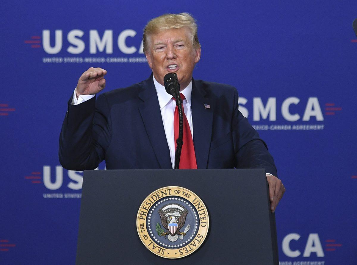 President Donald Trump speaks on the United States-Mexico-Canada Agreement (USMCA) trade agreement at Derco Aerospace Inc. plant in Milwaukee, Wis., on July 12, 2019. (Mandel Ngan/AFP/Getty Images)