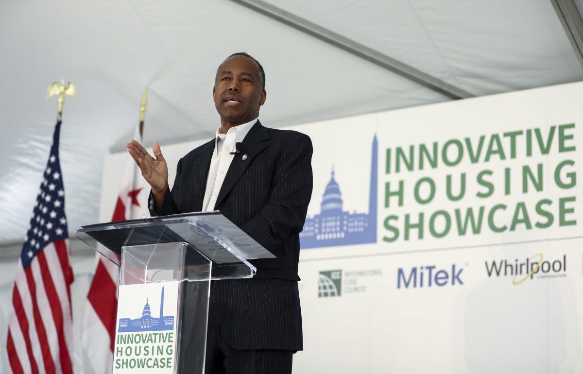 Secretary of Housing and Urban Development Ben Carson delivers remarks at the Innovative Housing Showcase on the National Mall in Washington on June 1, 2019. (Samira Bouaou/The Epoch Times)