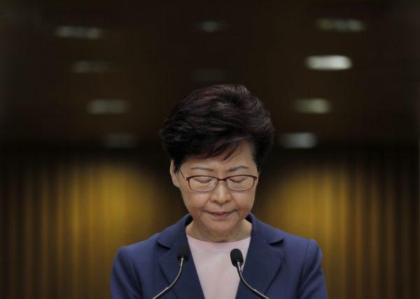 Hong Kong Chief Executive Carrie Lam pauses during a press conference in Hong Kong on July 9, 2019. Lam said the effort to amend an extradition bill was dead, but refused to withdraw it as protesters have demanded. (Vincent Yu/AP)