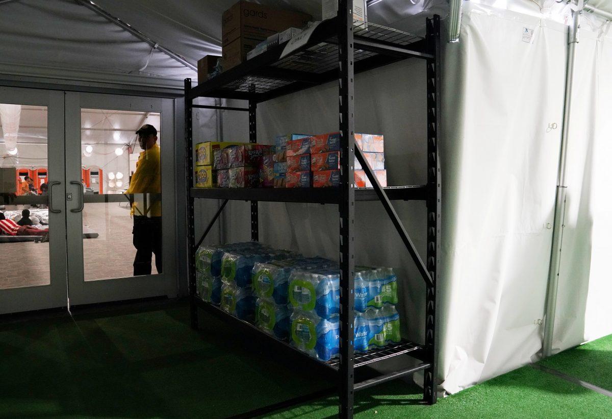 Water and snacks sit on shelves for asylum-seekers at the Donna Holding Facility in Donna, Texas on July 12, 2019. (Veronica G. Cardenas/Reuters)