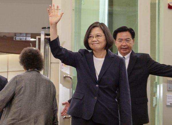 Taiwanese President Tsai Ing-wen waves as she leaves for the Caribbean from Taoyuan International Airport in Taoyuan, Taiwan on July 11, 2019 (Taiwan Presidential Office via AP)