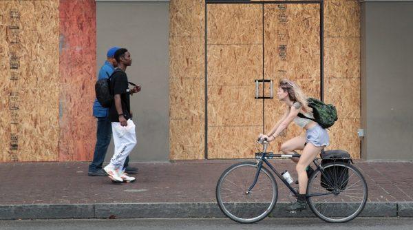 A storefront on the edge of the French Quarter is boarded up to prevent damage in anticipation of Barry, on July 13,2019. (Scott Olson/Getty Images)