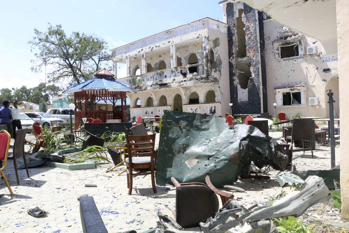 A view of Asasey Hotel in Kismayo after the attack on July 13, 2019. (AP Photo)