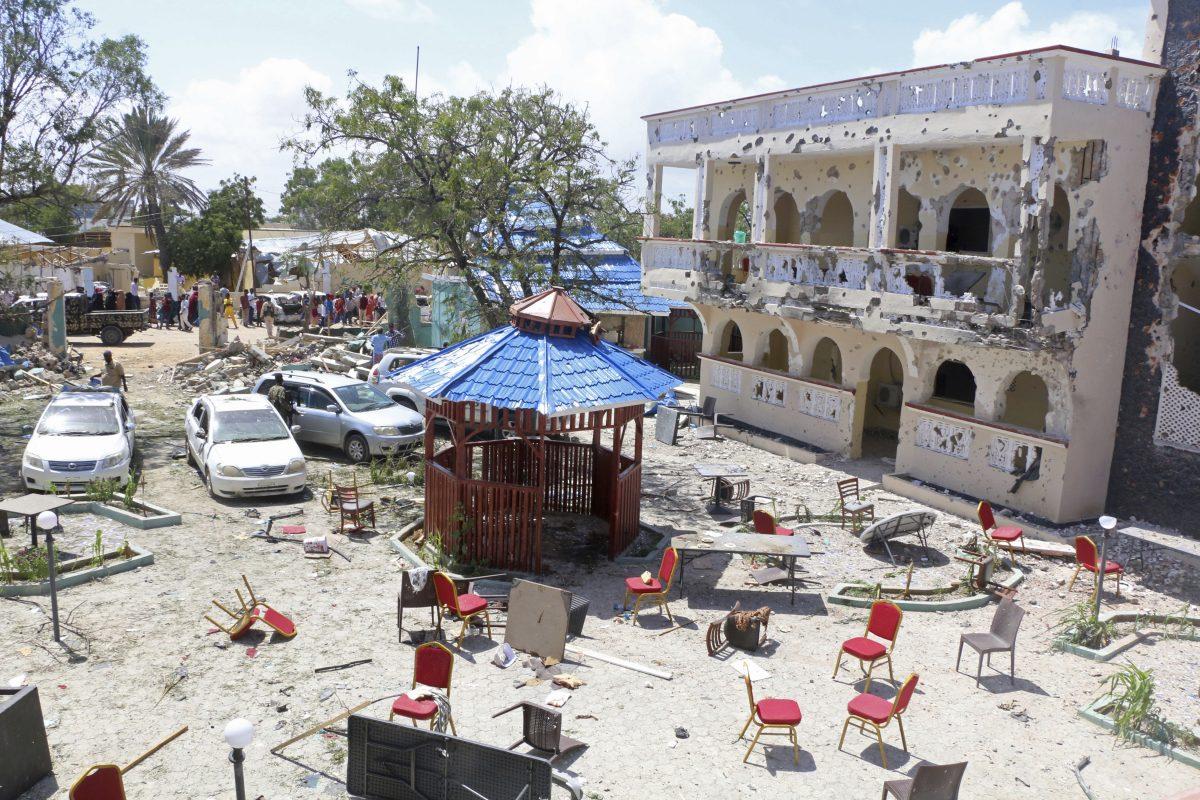 A view of Asasey Hotel in Kismayo after the attack on July 13, 2019. (AP Photo)