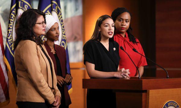 Reps. Alexandria Ocasio-Cortez (D-N.Y.), Ilhan Omar (D-Minn.), Ayanna Pressley (D-Mass.), and Rashida Tlaib (D-Mich.) speak at a press conference at the U.S. Capitol on July 15, 2019. (Holly Kellum/NTD)