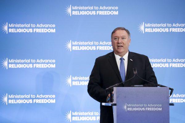 U.S. Secretary of State Mike Pompeo delivers welcome remarks at the Ministerial to Advance Religious Freedom at the Department of State in Washington on July 16, 2019. (Samira Bouaou/The Epoch Times)