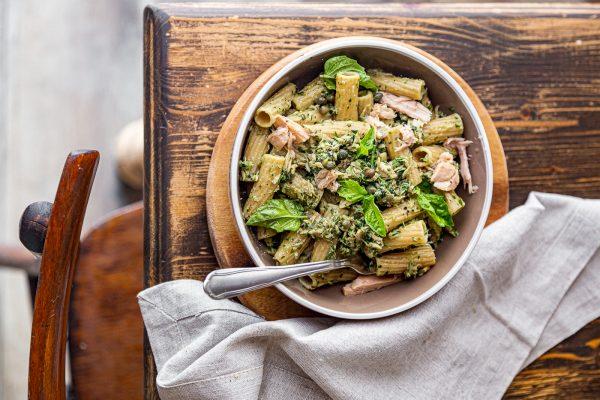 Pasta salad with tuna, capers, and fresh herbs. (Giulia Scarpaleggia)