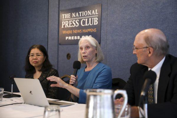 (L-R) Grace Yin, Founder and Lead Researcher at COHRC, Ann Corson, Editor at COHRC Reports, and Chief Editor, Doctor Against Forced Organ Harvesting Newsletter, and William Boericke, Editor at COHRC Reports, speak at the National Press Club on Latest Developments in China's On-demand Killing of Prisoners of Conscience for Organs in Washington on July 15, 2019. (Samira Bouaou/The Epoch Times)