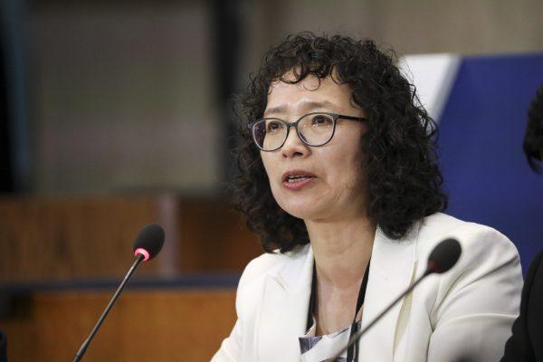 Zhang Yuhua, a Falun Gong practitioner who survived persecution in China, speaks at the Ministerial to Advance Religious Freedom at the State Department in Washington on July 17, 2019. (Samira Bouaou/The Epoch Times)