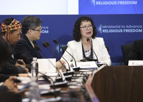 Yuhua Zhang, a Falun Gong practitioner who survived persecution in China, speaks at the Ministerial to Advance Religious Freedom at the Department of State in Washington on July 17, 2019. (Samira Bouaou/The Epoch Times)