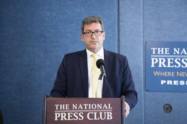 Benedict Rogers, East Asia team leader for Christian Solidarity Worldwide and co-founder and deputy chair of the UK Conservative Party’s Human Rights Commission, speaks at the National Press Club on Latest Developments in China’s On-demand Killing of Prisoners of Conscience for Organs in Washington on July 15, 2019. (Lynn Lin/The Epoch Times)