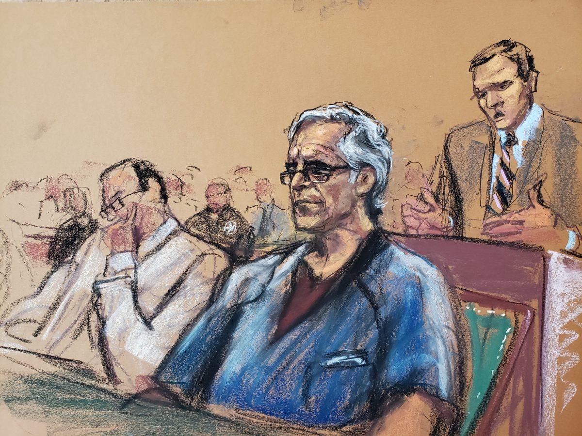 Assistant U.S. Attorney Alex Rossmiller (R) speaks as Jeffrey Epstein looks on during a a bail hearing in this court sketch in New York on July 15, 2019. (REUTERS/Jane Rosenberg)